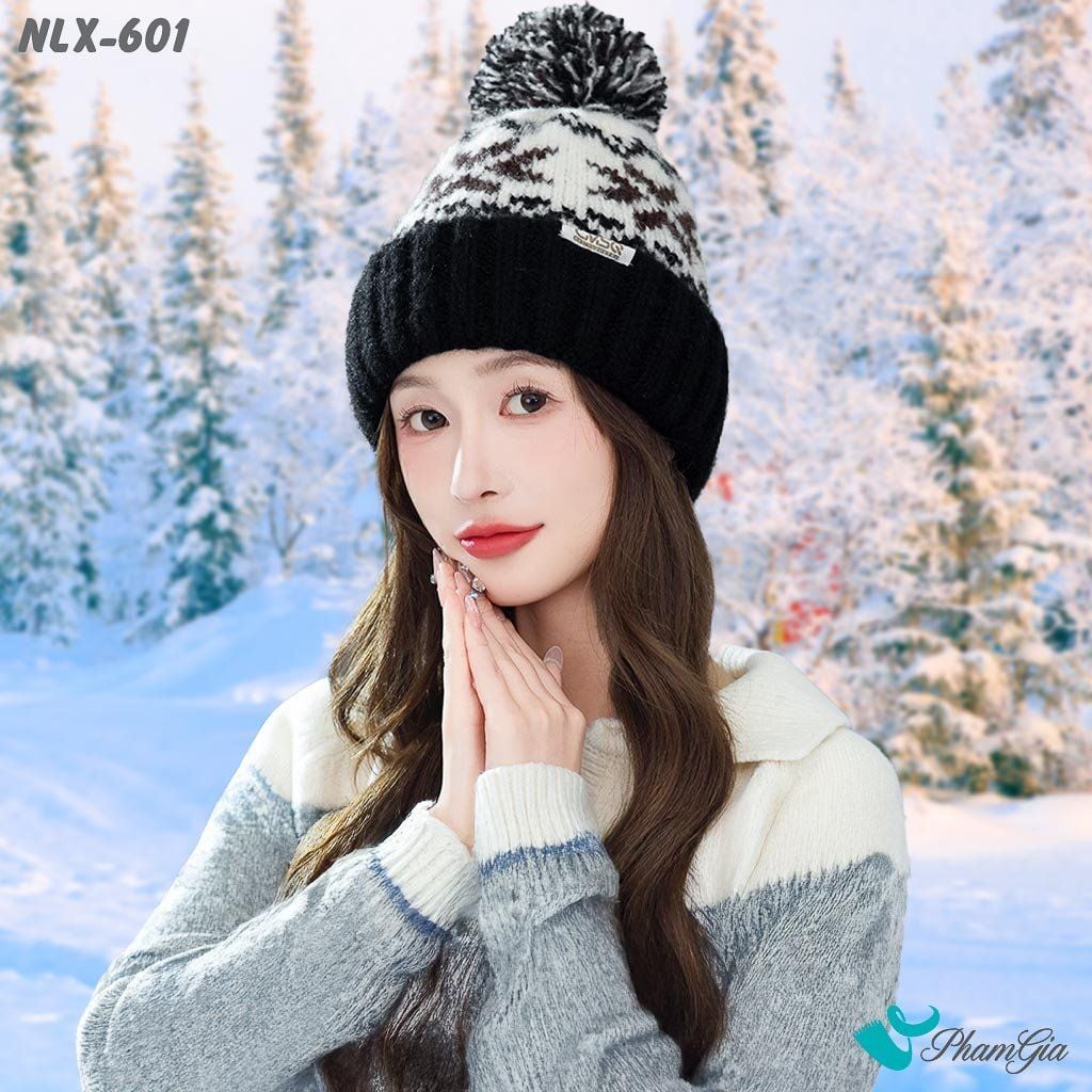 Nón Len Trái Châu 2 Lớp Dệt Họa Tiết Hoa Tuyết Màu Đen (NLX601)