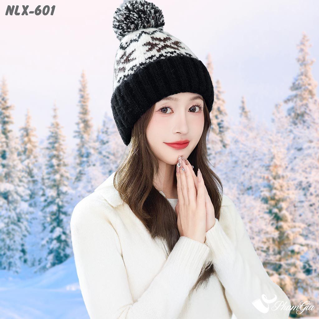 Nón Len Trái Châu 2 Lớp Dệt Họa Tiết Hoa Tuyết Màu Đen (NLX601)