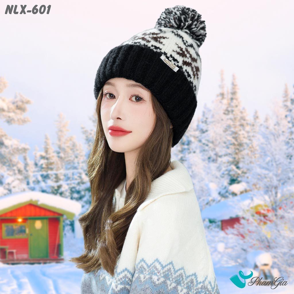 Nón Len Trái Châu 2 Lớp Dệt Họa Tiết Hoa Tuyết Màu Đen (NLX601)