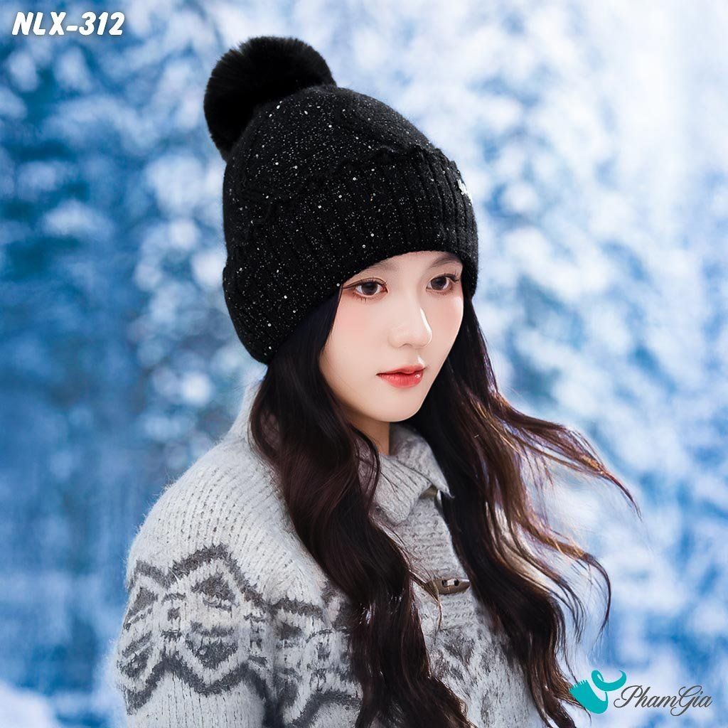 Nón Len Trái Châu Phối Kim Tuyến 2 Lớp Giữ Ấm Cao Cấp Màu Đen (NLX312)