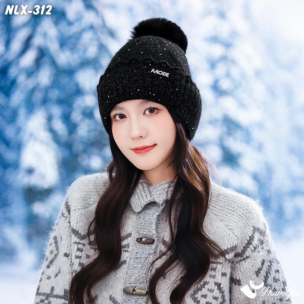 Nón Len Trái Châu Phối Kim Tuyến 2 Lớp Giữ Ấm Cao Cấp Màu Đen (NLX312)