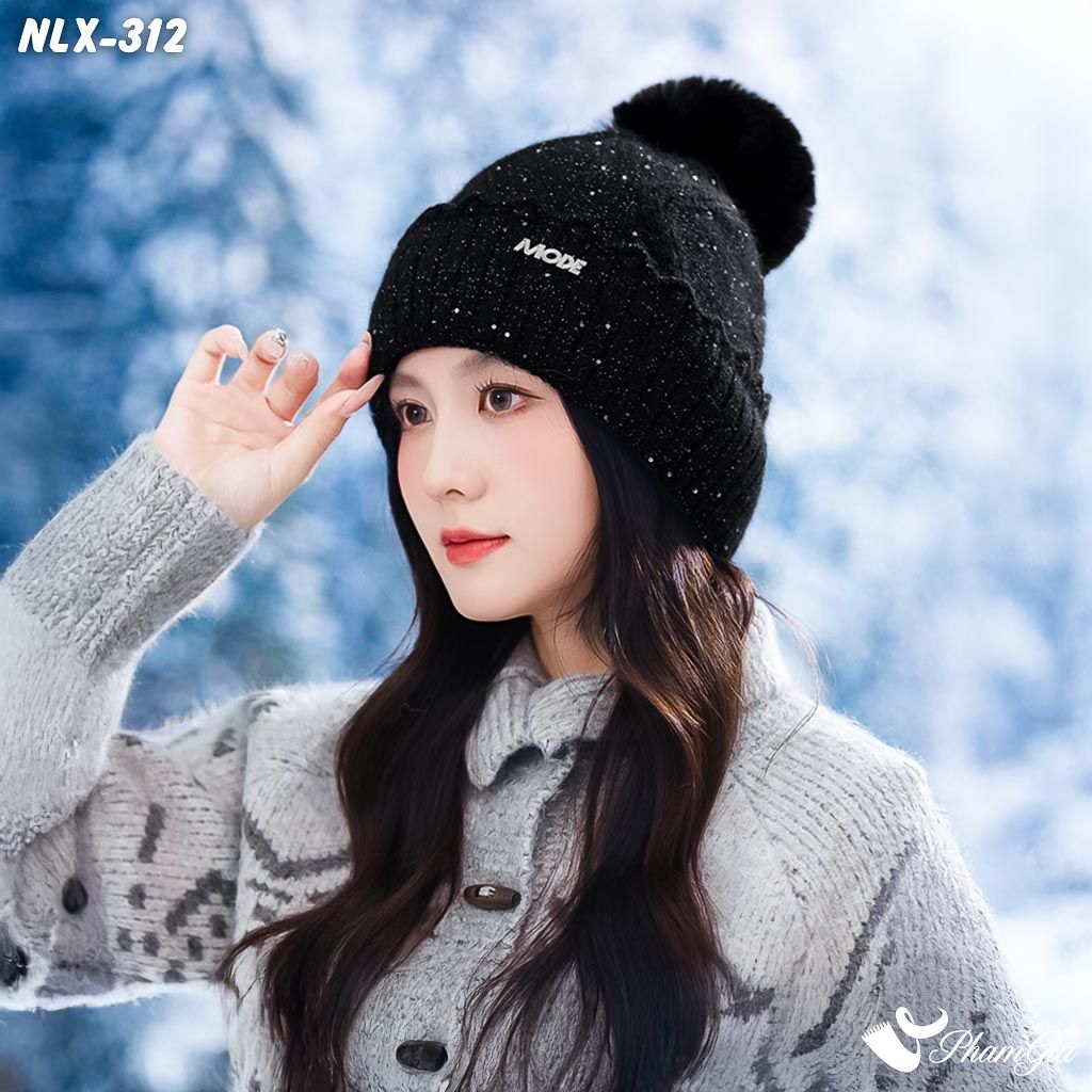 Nón Len Trái Châu Phối Kim Tuyến 2 Lớp Giữ Ấm Cao Cấp Màu Đen (NLX312)