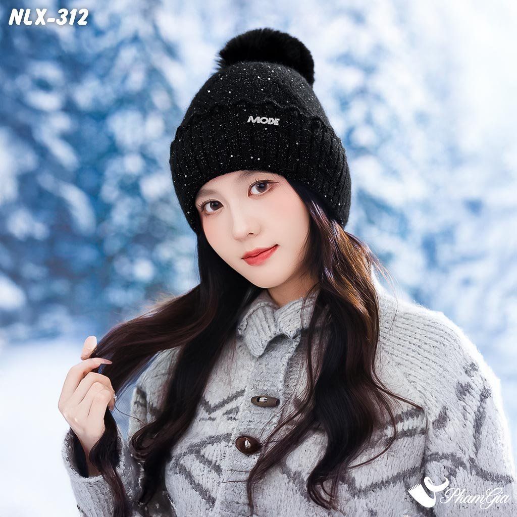 Nón Len Trái Châu Phối Kim Tuyến 2 Lớp Giữ Ấm Cao Cấp Màu Đen (NLX312)