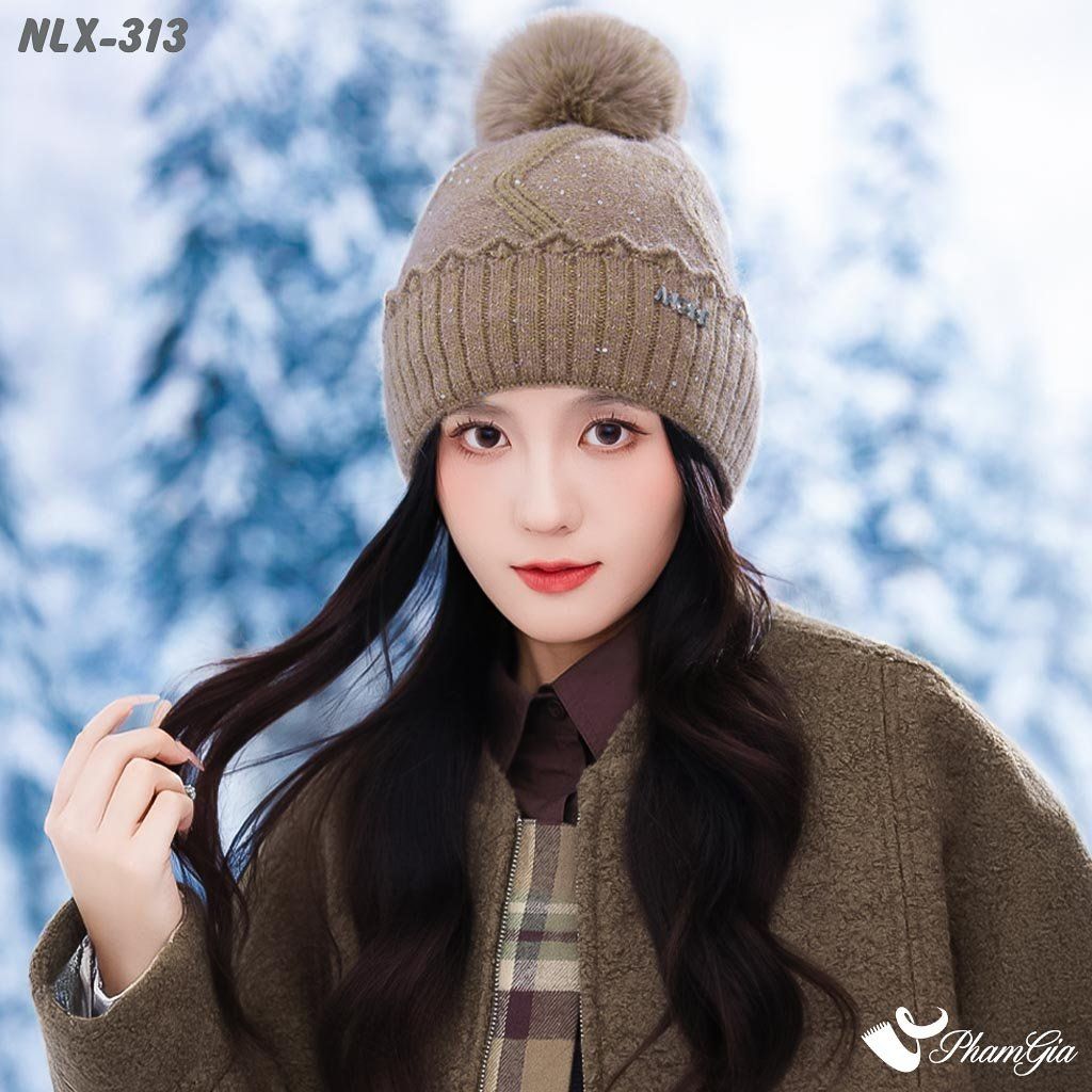 Nón Len Trái Châu Phối Kim Tuyến 2 Lớp Giữ Ấm Cao Cấp Màu Nâu Đồng (NLX313)