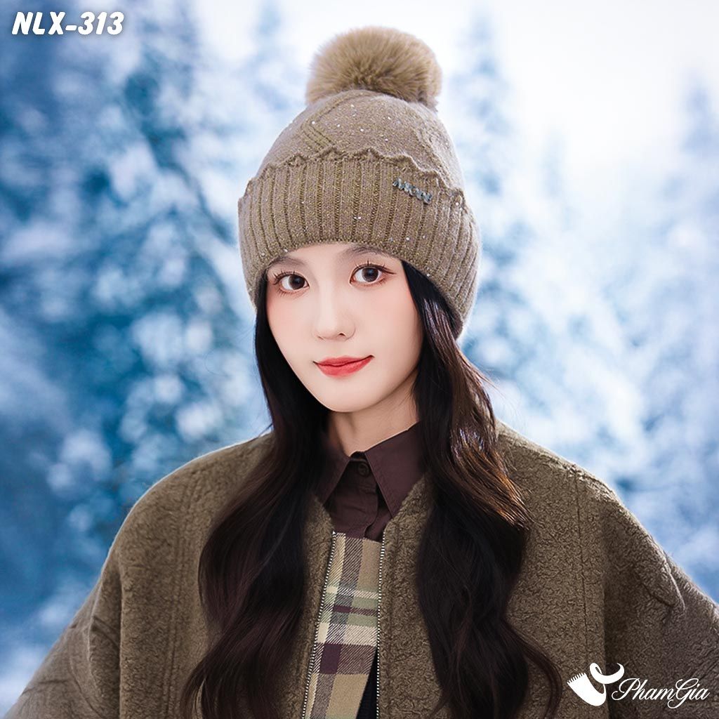 Nón Len Trái Châu Phối Kim Tuyến 2 Lớp Giữ Ấm Cao Cấp Màu Nâu Đồng (NLX313)
