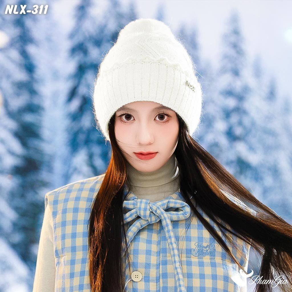 Nón Len Trái Châu Phối Kim Tuyến 2 Lớp Giữ Ấm Cao Cấp Màu Trắng (NLX311)