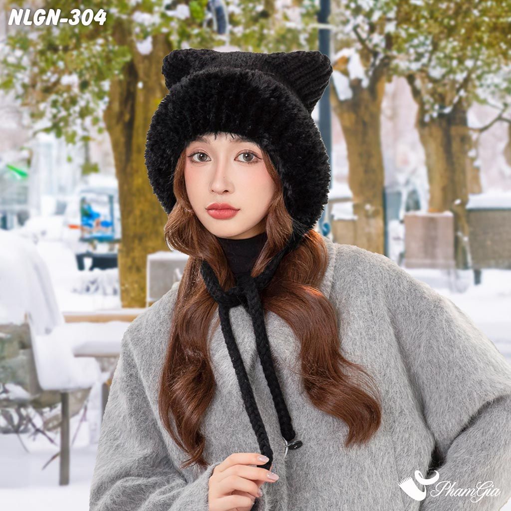 Nón Lông Giữ Nhiệt 2 Lớp Cao Cấp Phong Cách Tai Mèo Màu Đen