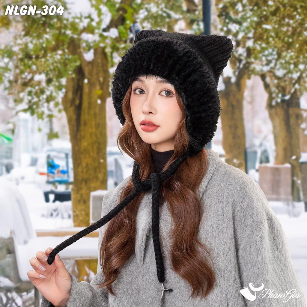 Model Đội Nón Lông Giữ Nhiệt 2 Lớp Cao Cấp Phong Cách Tai Mèo Màu Đen