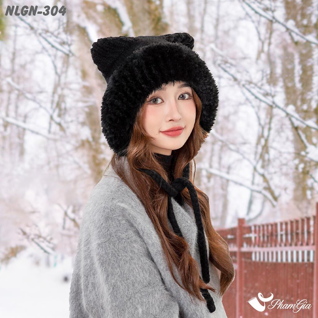 Người Mẫu Đội Nón Lông Giữ Nhiệt 2 Lớp Cao Cấp Phong Cách Tai Mèo Màu Đen