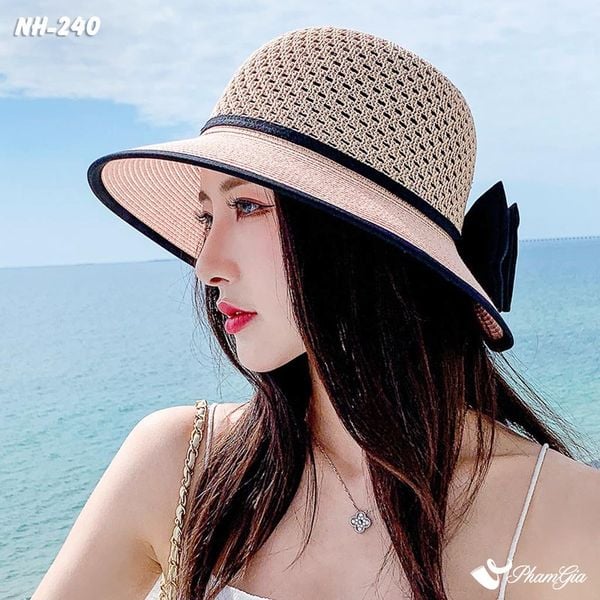 Nón Rộng Vành Phối Nơ Màu Hồng Phớt - Đen (NH240)