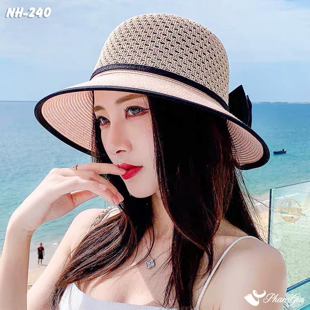 Nón Rộng Vành Phối Nơ Màu Hồng Phớt - Đen