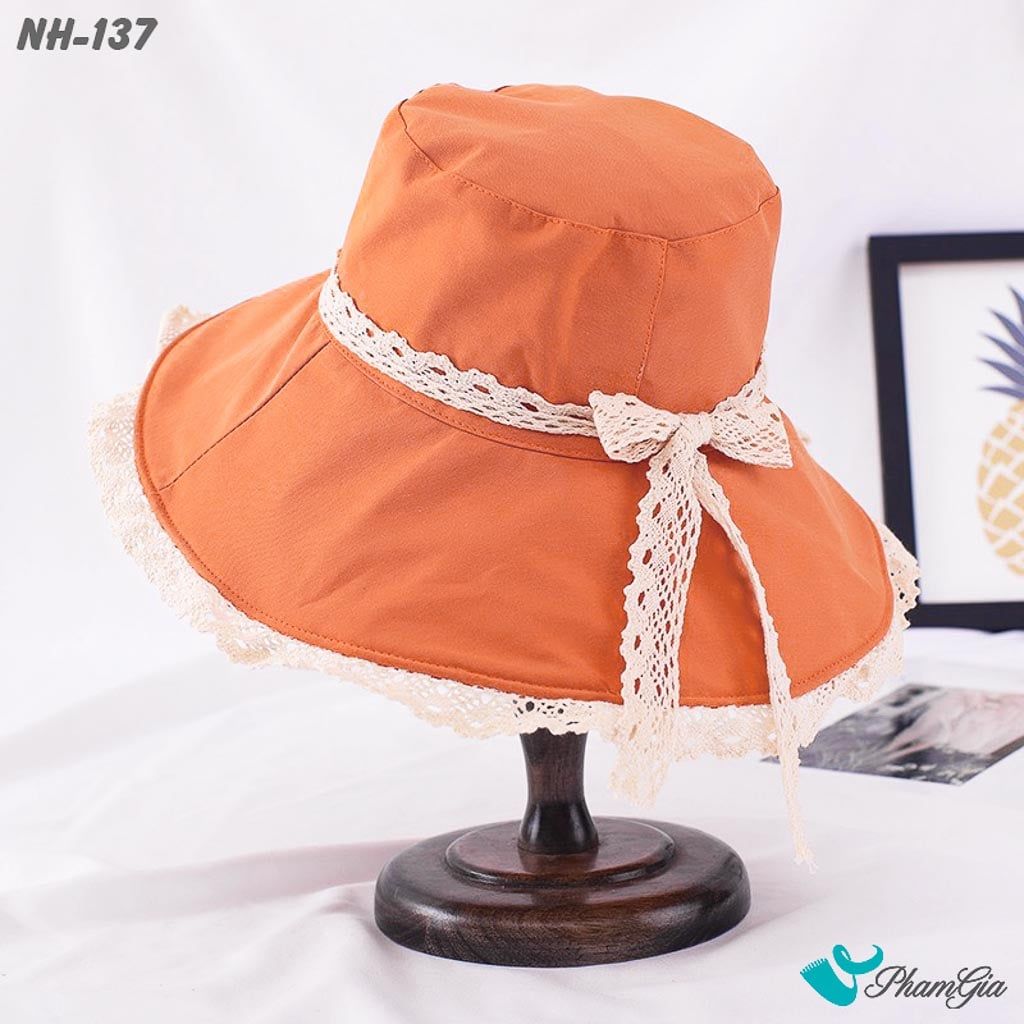 Nón Rộng Vành Phối Viền Ren Nữ Tính Màu Cam Carot