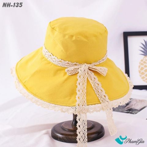 Nón Rộng Vành Phối Viền Ren Nữ Tính Màu Vàng Cúc