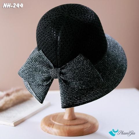 Nón Rộng Vành Trơn Phối Nơ Bản To Màu Đen Khói