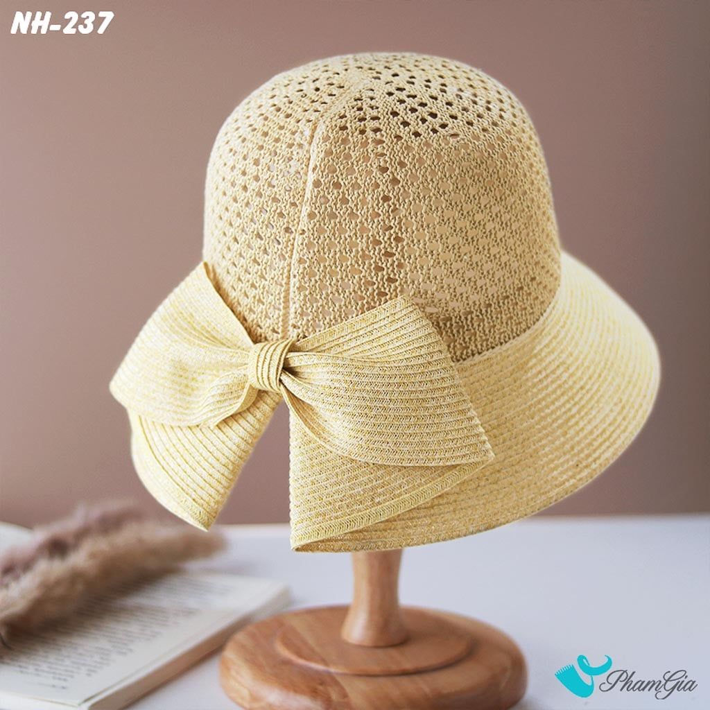 Nón Rộng Vành Trơn Phối Nơ Bản To Màu Kem (NH237)