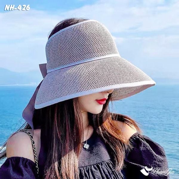 Nón Vải Mui Trần Đan Lưới Buộc Nơ Màu Xanh Ghi (NH426)