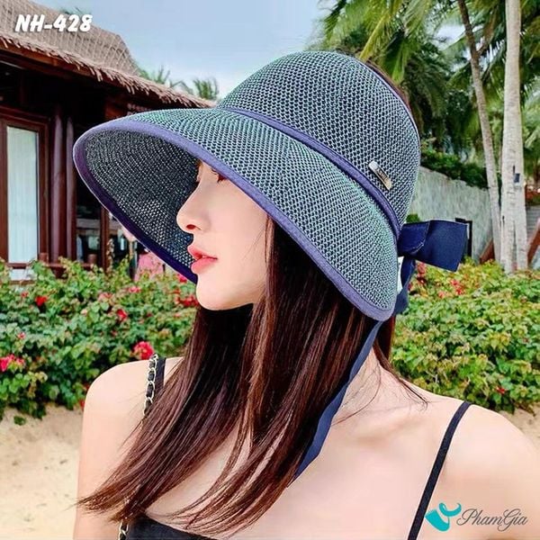 Nón Vải Mui Trần Đan Lưới Buộc Nơ Màu Xanh Navy (NH428)