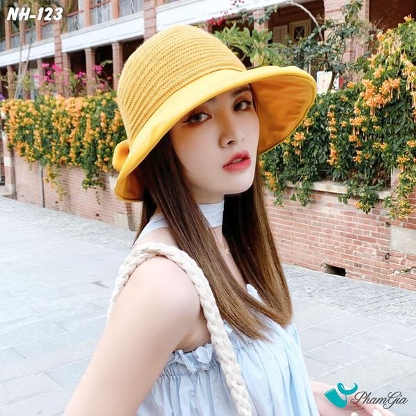 Nón Vải Mui Trần Kết Nơ Phối Lưới Màu Vàng Cúc (NH123)