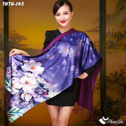 Khăn Choàng Tằm Hoa Thượng Hải 2 Lớp Cao Cấp Họa Tiết Hoa Cúc Trắng Nền Tím Tinh Tế (THTH145)