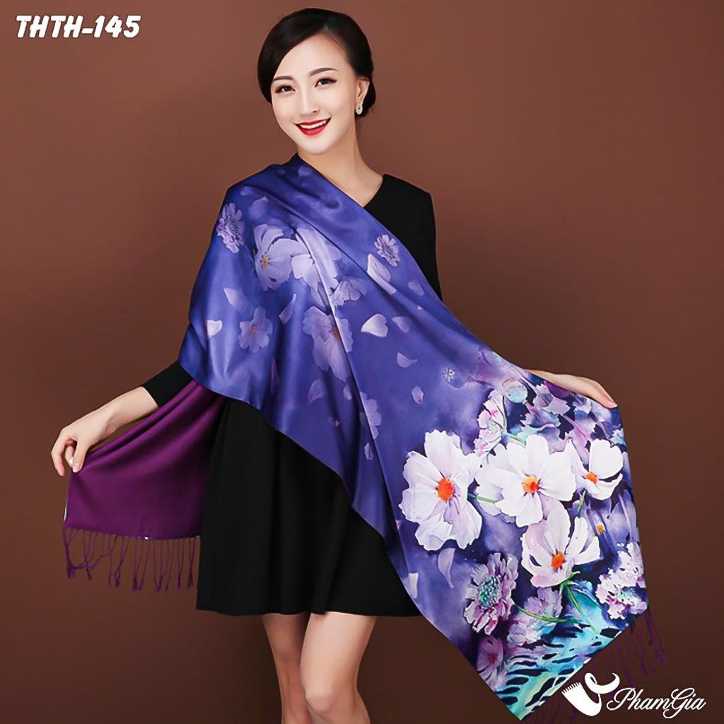 Khăn Choàng Tằm Hoa Thượng Hải 2 Lớp Cao Cấp Họa Tiết Hoa Cúc Trắng Nền Tím Tinh Tế