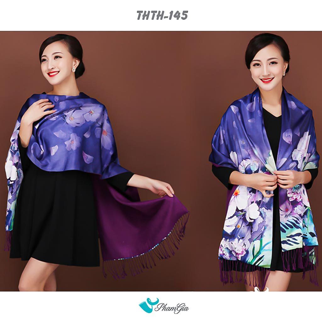 Model Choàng Khăn Choàng Tằm Hoa Thượng Hải 2 Lớp Cao Cấp Họa Tiết Hoa Cúc Trắng Nền Tím Tinh Tế