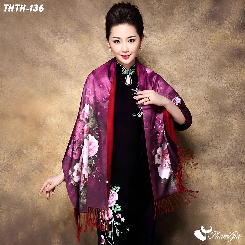 Khăn Choàng Tằm Hoa Thượng Hải 2 Lớp Cao Cấp Họa Tiết Hoa Hồng Màu Đỏ Mận Kiều Diễm