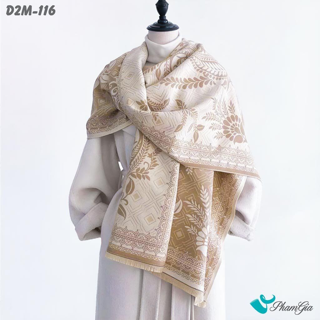 Khăn Choàng Dạ Cashmere 2 Mặt Cao Cấp Họa Tiết Hoa Lá Cổ Điển Màu Bạc Xỉu (D2M116)