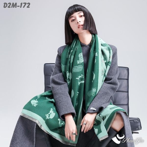 Khăn Choàng Dạ Cashmere 2 Mặt Cao Cấp Họa Tiết Mèo Nhỏ Màu Xanh Két Dễ Thương (D2M172)