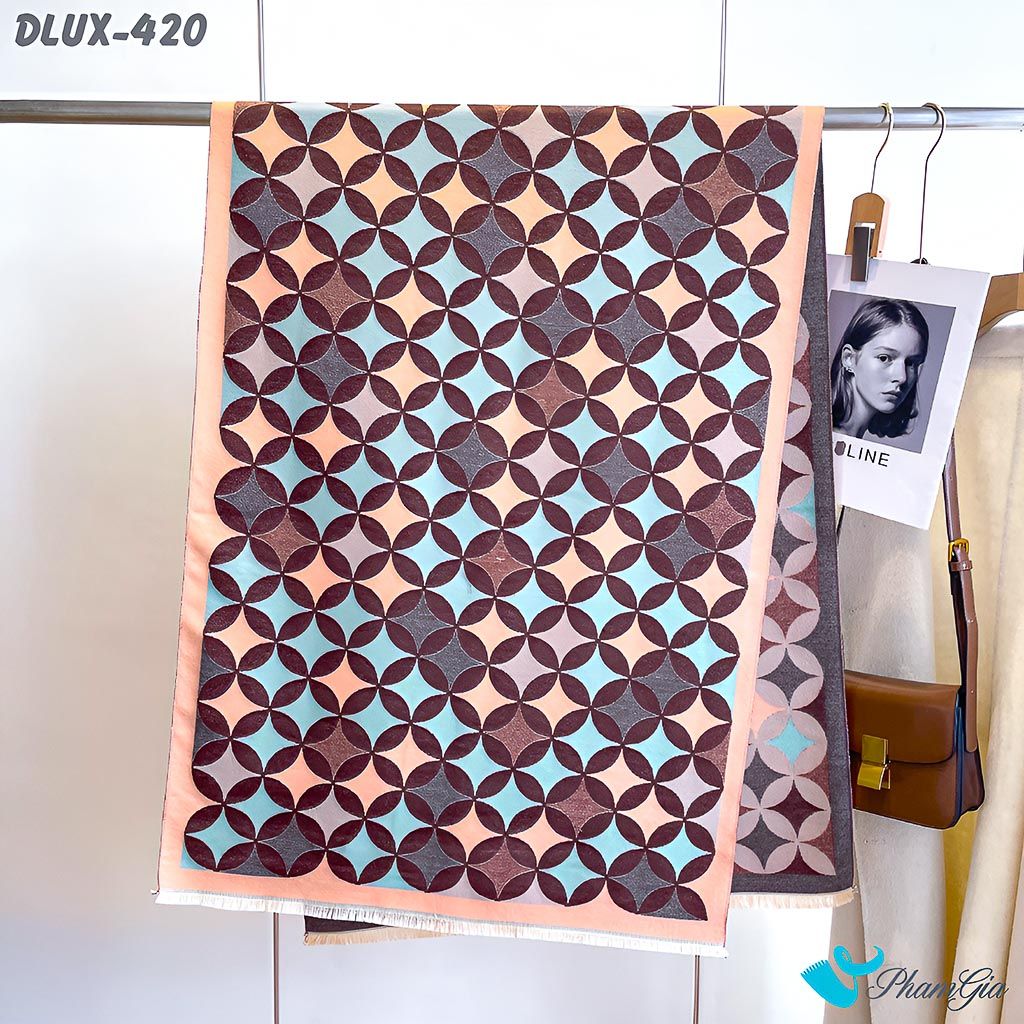 Họa Tiết Khăn Choàng Dạ Cashmere Cao Cấp Họa Tiết Hình Học Màu Hồng Đào Thanh Lịch