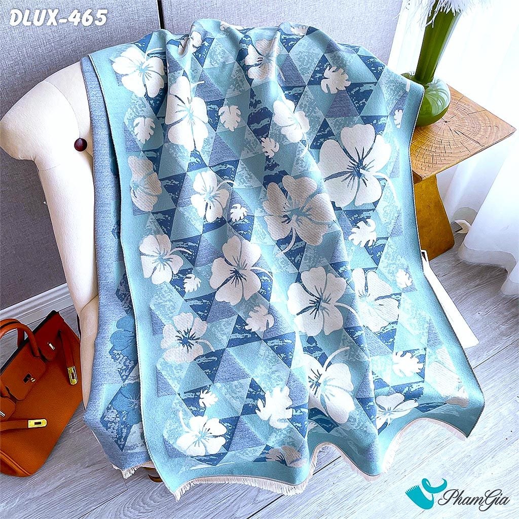 Họa Tiết Khăn Choàng Dạ Cashmere Cao Cấp Họa Tiết Hoa Mai Màu Xanh Baby Thanh Lịch