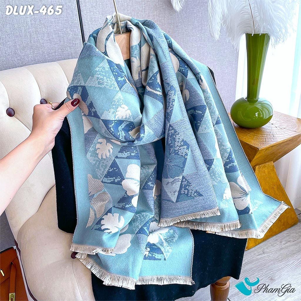 Nghiêng Phải Khăn Choàng Dạ Cashmere Cao Cấp Họa Tiết Hoa Mai Màu Xanh Baby Thanh Lịch