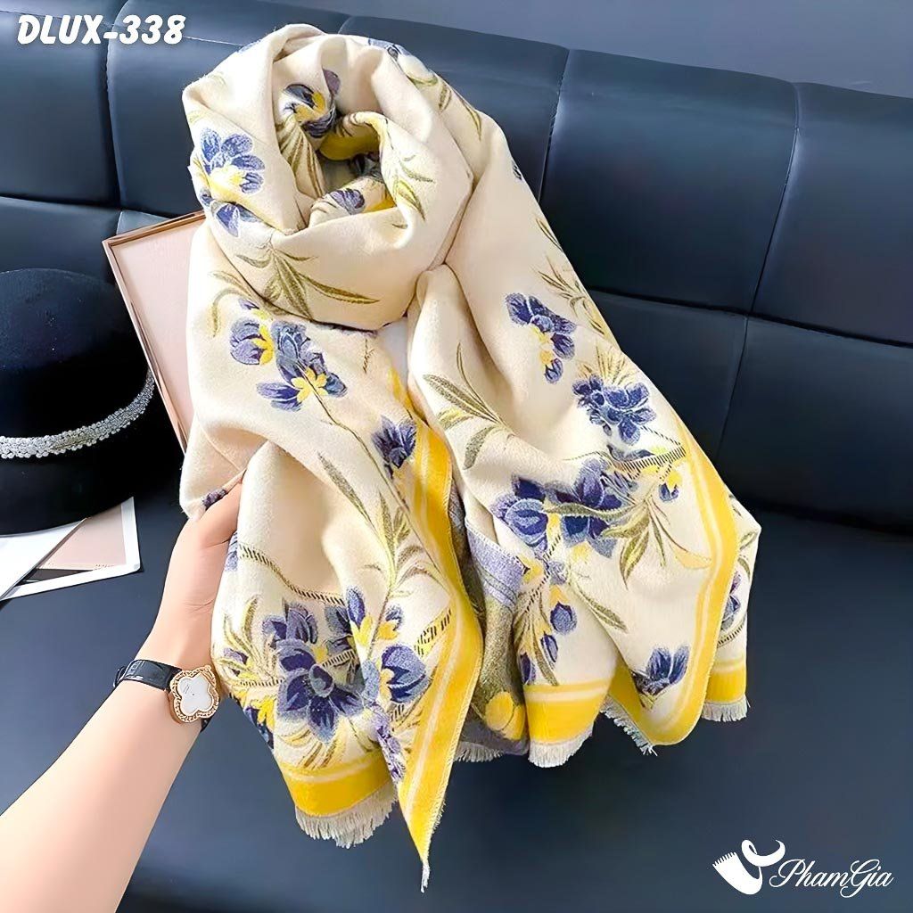 Khăn Choàng Dạ Cashmere Cao Cấp Họa Tiết Hoa Nhài Màu Xanh Navy Trang Nhã (DLUX338)