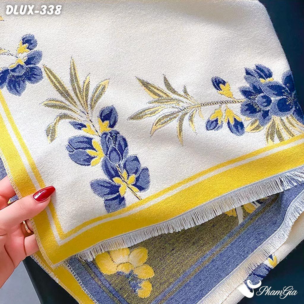 Khăn Choàng Dạ Cashmere Cao Cấp Họa Tiết Hoa Nhài Màu Xanh Navy Trang Nhã (DLUX338)