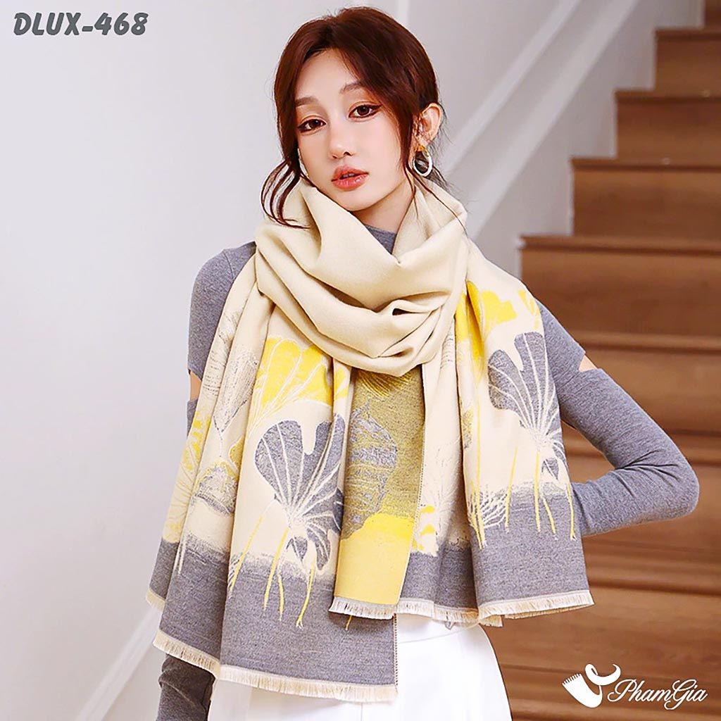 Khăn Choàng Dạ Cashmere Cao Cấp Họa Tiết Hoa Rẻ Quạt Màu Vàng Gold Sang Trọng