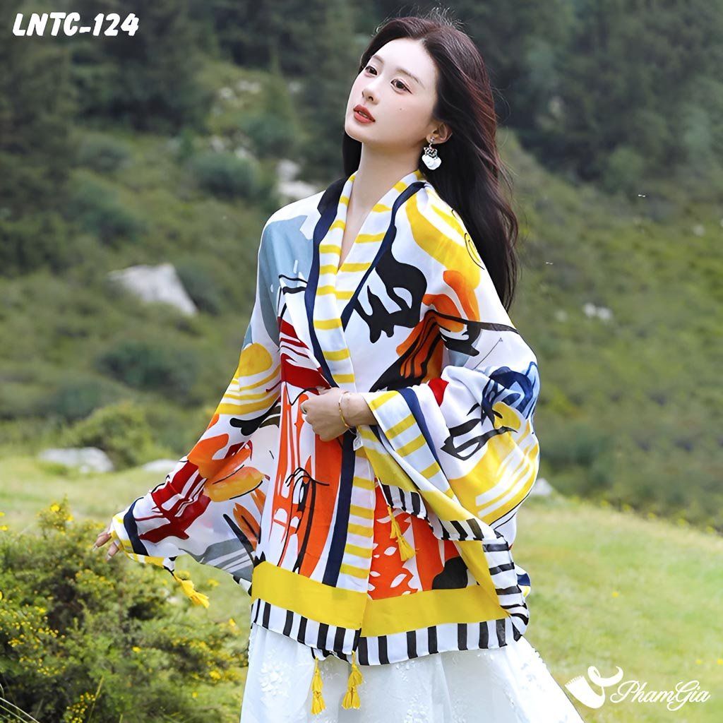 Người Mẫu Choàng Khăn Choàng Linen Boho Họa Tiết Thổ Cẩm Trừu Tượng Phối Nhiều Màu Độc Đáo