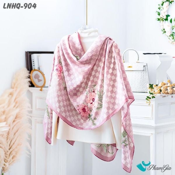 Khăn Choàng Linen Phong Cách Hàn Quốc Họa Tiết Caro Hồng Phối Hoa Nữ Tính (LNHQ904)