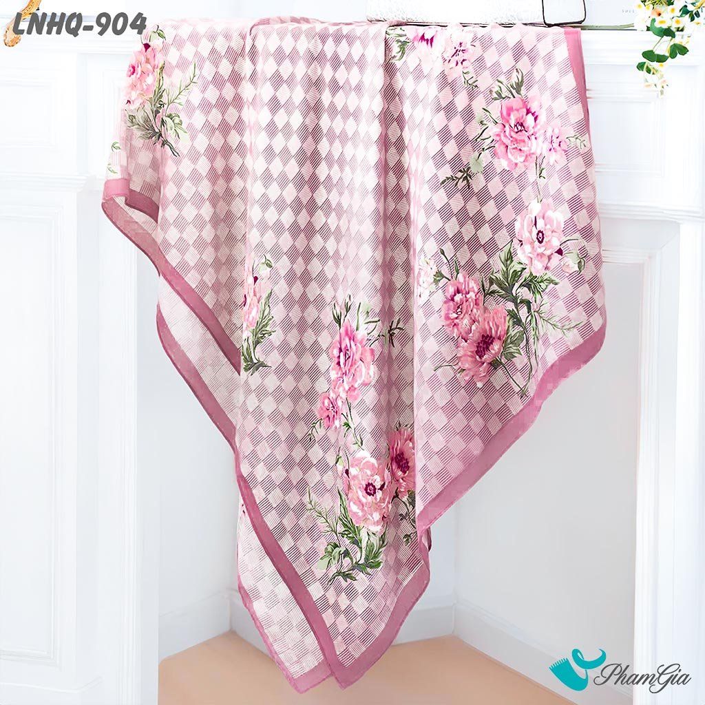 Họa Tiết Khăn Choàng Linen Phong Cách Hàn Quốc Họa Tiết Caro Hồng Phối Hoa Nữ Tính
