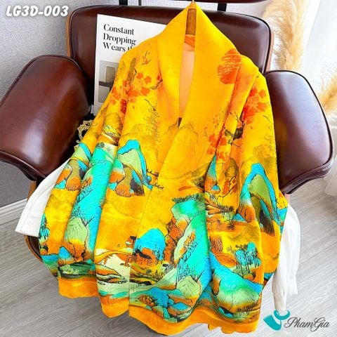 Khăn Choàng Lụa Gấm 3D Cao Cấp Họa Tiết Tranh Sơn Thủy Hoàng Kim Quý Phái (LG3D003)