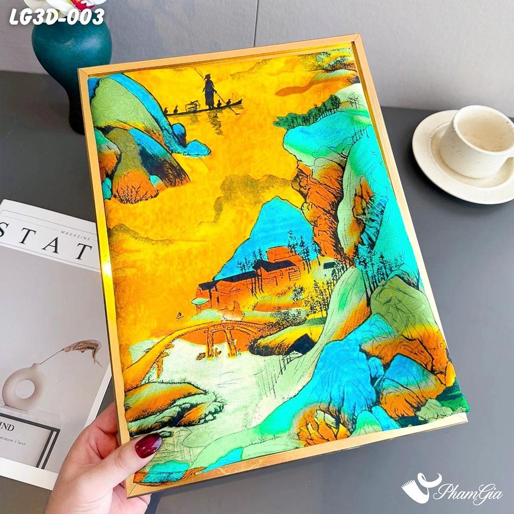 Khăn Choàng Lụa Gấm 3D Cao Cấp Họa Tiết Tranh Sơn Thủy Hoàng Kim Quý Phái (LG3D003)