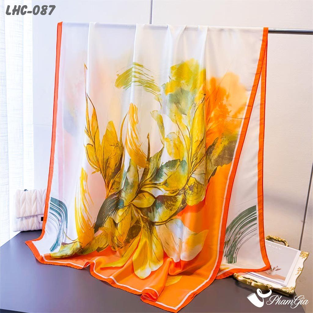 Khăn Choàng Lụa Hàng Châu Họa Tiết Hoa Lá Phong Cách Vẽ Màu Cam Trang Nhã (LHC087)