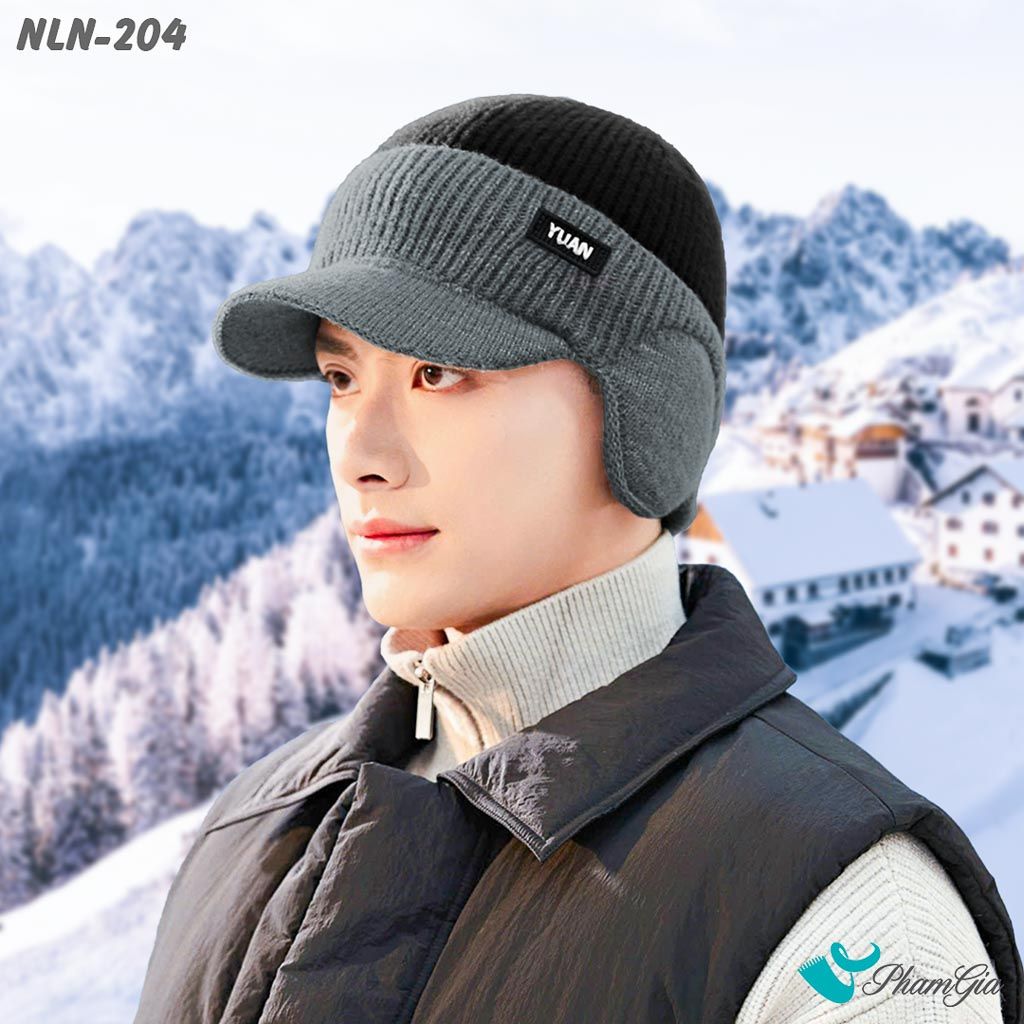 Nón Len Thu Đông Thời Trang Nam Kèm Tai Chụp Sành Điệu Phối Màu Đen Xám