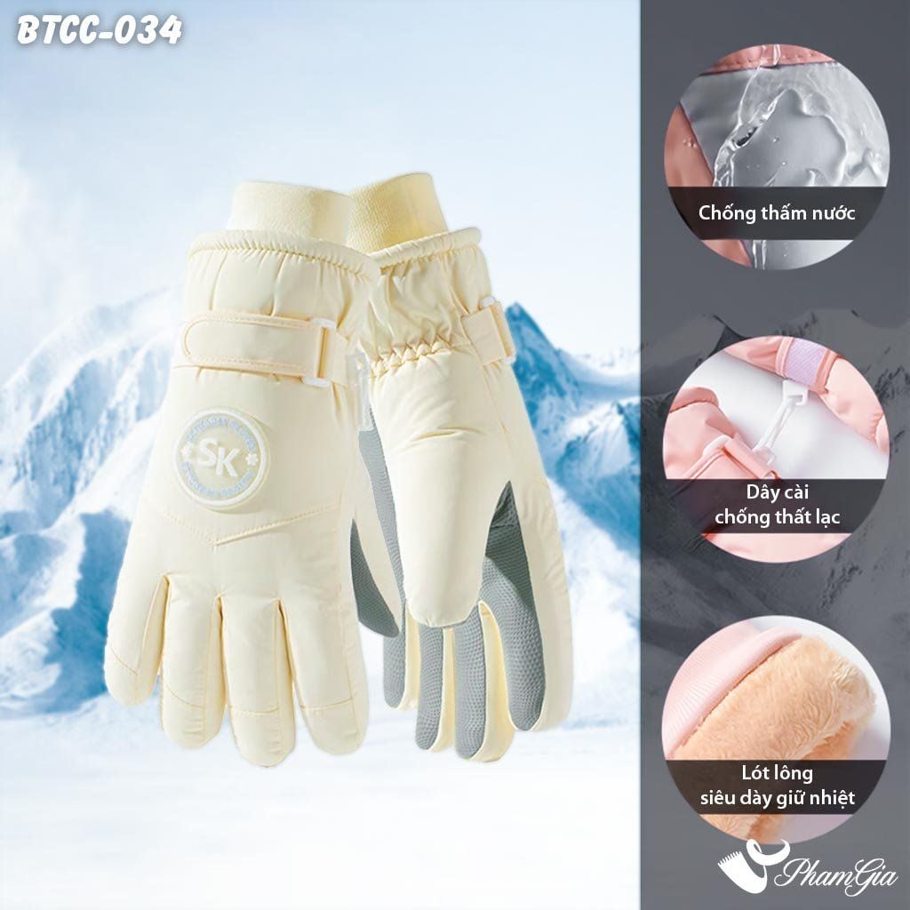 Găng Tay Phao Lót Lông 2 Lớp Siêu Dày Giữ Ấm Mùa Đông, Chống Thấm Nước Cao Cấp Màu Kem (BTCC034)