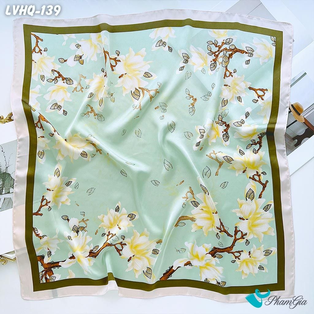 Khăn Lụa Vuông 70*70Cm Phong Cách Hàn Quốc Họa Tiết Hoa Mộc Lan Màu Xanh Mint (LVHQ139)