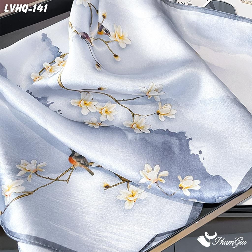Khăn Lụa Vuông 70*70Cm Phong Cách Hàn Quốc Họa Tiết Hoa Mộc Lan Phối Viền Xám (LVHQ141)