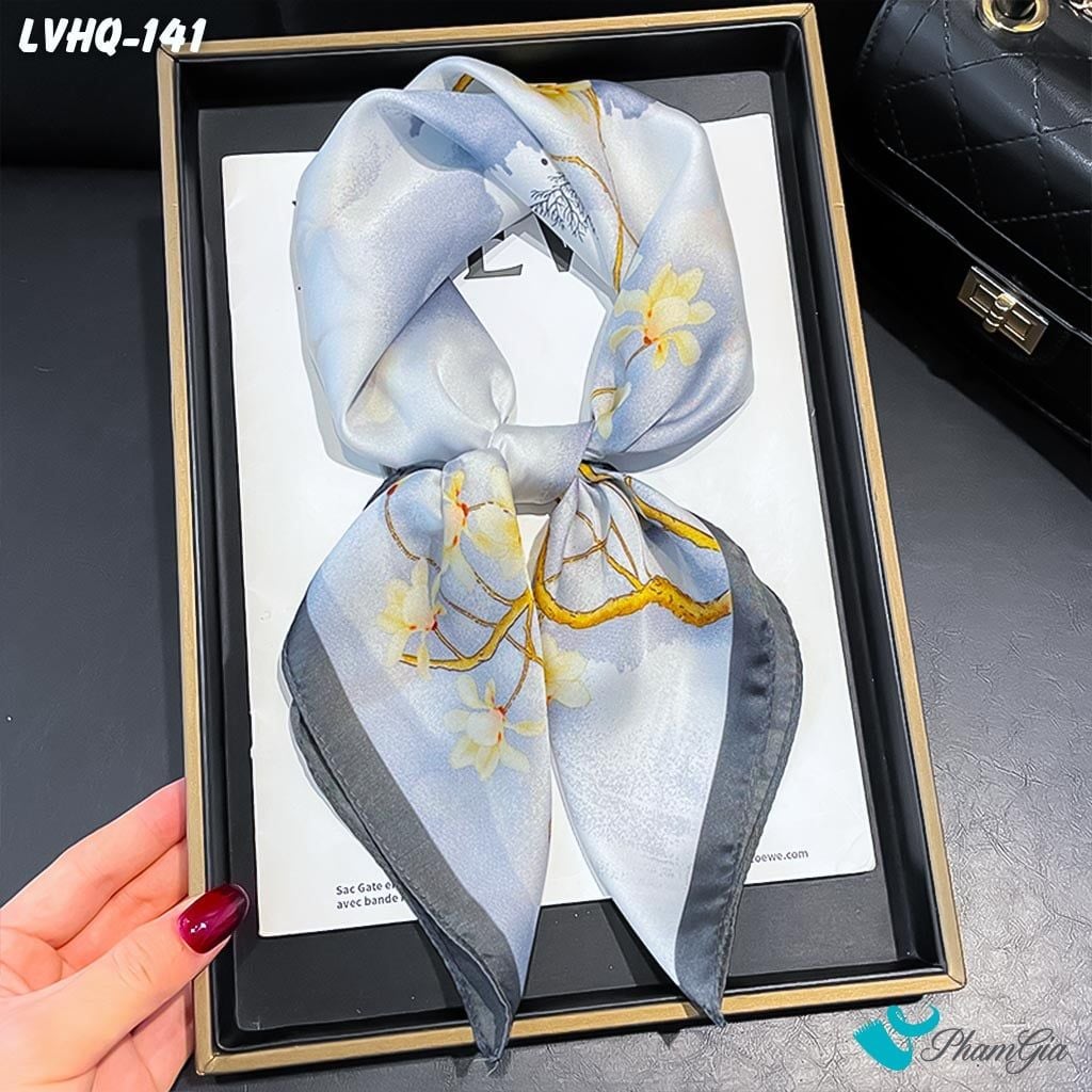 Khăn Lụa Vuông 70*70Cm Phong Cách Hàn Quốc Họa Tiết Hoa Mộc Lan Phối Viền Xám (LVHQ141)