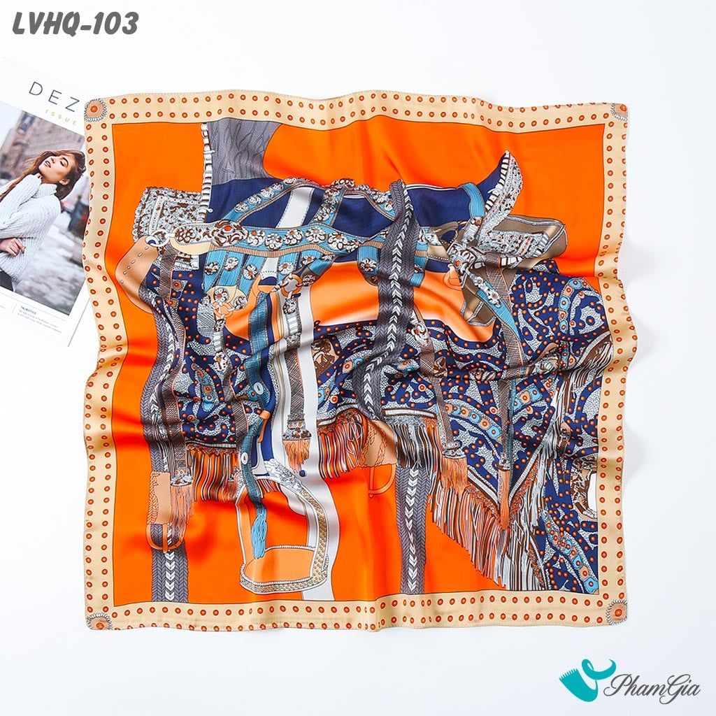 Khăn Lụa Vuông 70*70Cm Phong Cách Hàn Quốc Họa Tiết Vintage Phối Màu Xanh - Cam (LVHQ103)