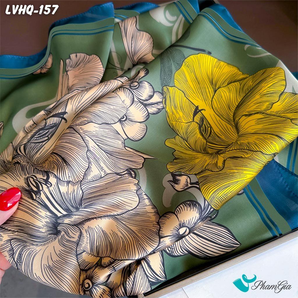 Khăn Lụa Vuông 70*70Cm Phong Cách Hàn Quốc Họa Tiết Hoa Lily Phối Màu Nền Xanh (LVHQ157)
