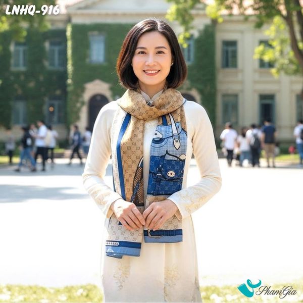 Khăn Choàng Linen Phong Cách Hàn Quốc Hoạ Tiết Túi Xách Retro Phối Viền Xanh Navy Hiện Đại (LNHQ916)