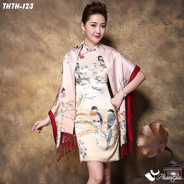Khăn Choàng Tằm Hoa Thượng Hải 2 Lớp Cao Cấp Họa Tiết Chim Hoàng Yến Màu Beige Sang Trọng (THTH123)