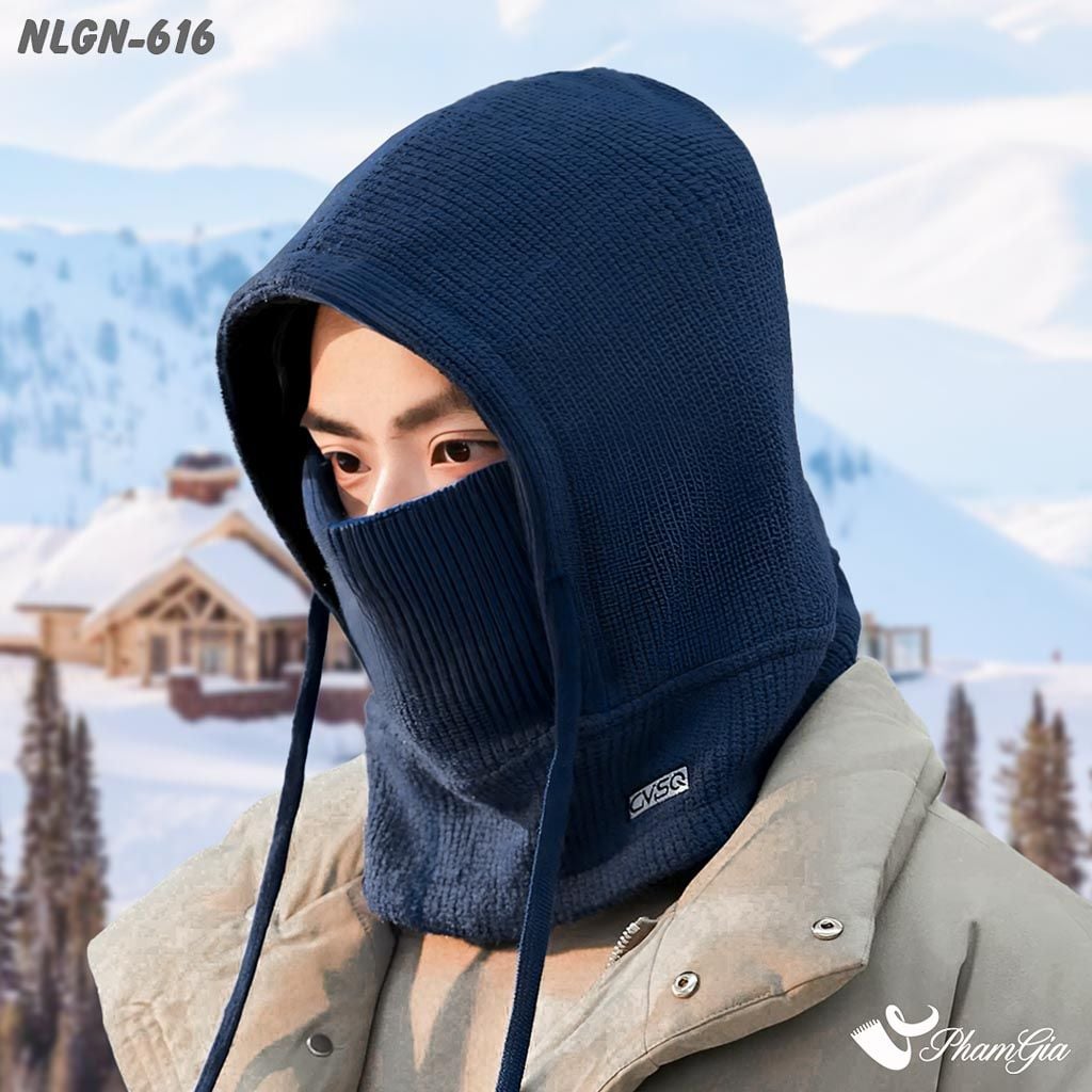 Nón Len Lót Lông Giữ Nhiệt Chuyên Dụng Tích Hợp Khẩu Trang Giữ Ấm Màu Xanh Navy